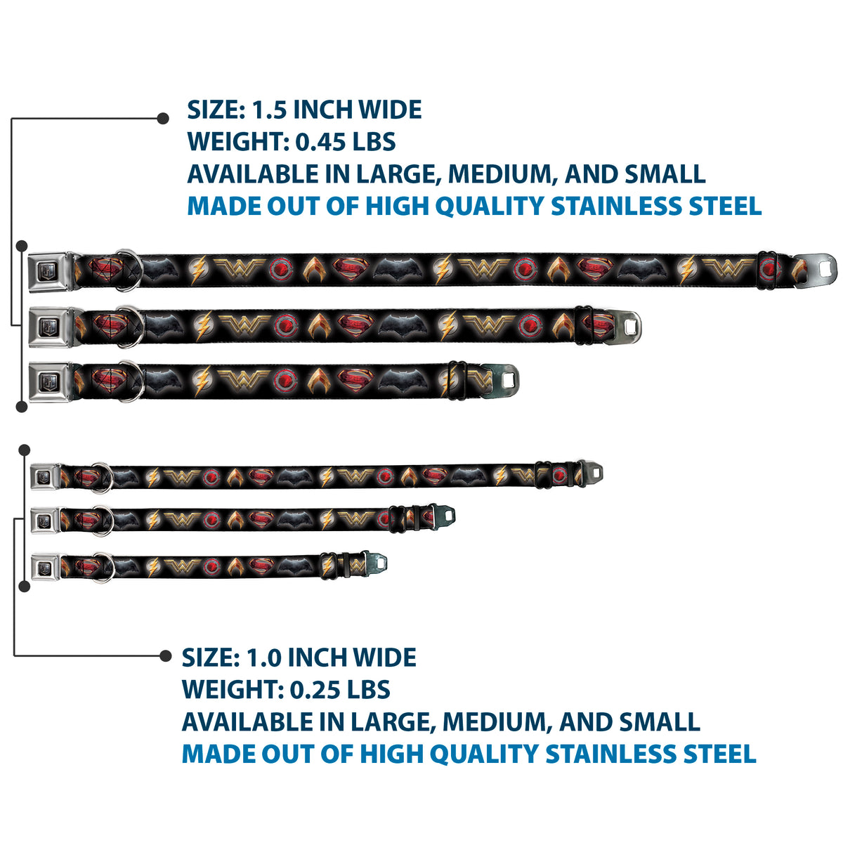 JL 2017 Badge Full Color Black/Grays Seatbelt Buckle Collar - Justice League 2017 6-Superhero Icons Black Dog Collars Seatbelt Buckle DC Comics