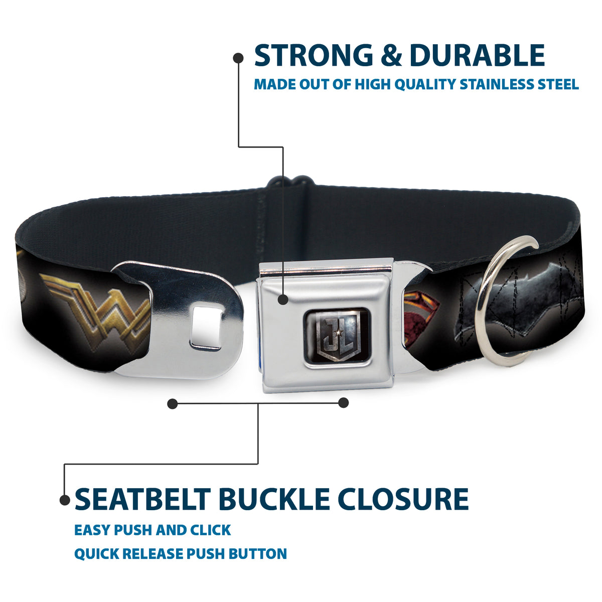 JL 2017 Badge Full Color Black/Grays Seatbelt Buckle Collar - Justice League 2017 6-Superhero Icons Black Dog Collars Seatbelt Buckle DC Comics