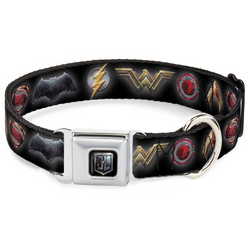 JL 2017 Badge Full Color Black/Grays Seatbelt Buckle Collar - Justice League 2017 6-Superhero Icons Black Dog Collars Seatbelt Buckle DC Comics