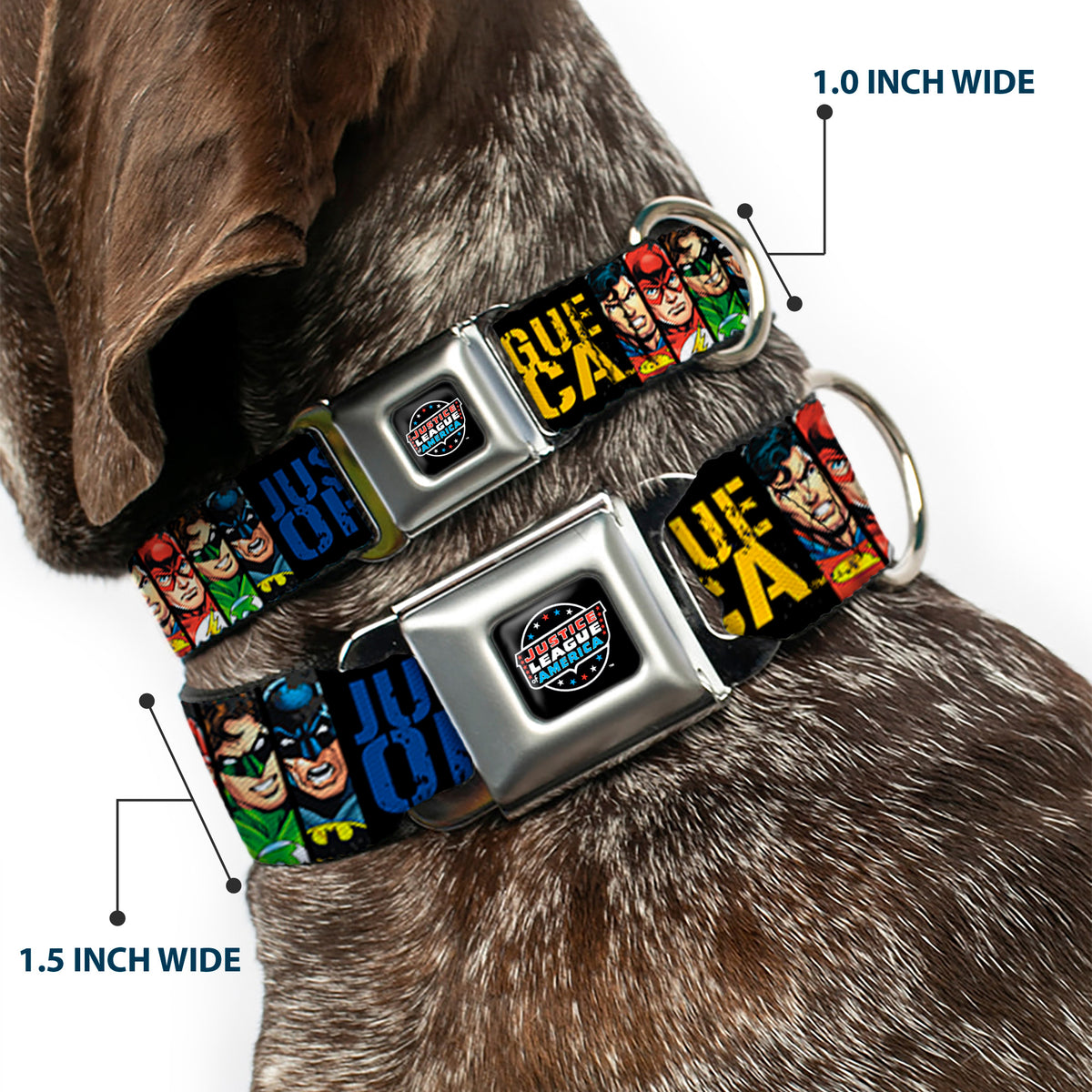 JUSTICE LEAGUE OF AMERICA Badge Black/White/Red/Blue Seatbelt Buckle Collar - JUSTICE LEAGUE OF AMERICA w/Superhero Blocks Black/Multi Color Dog Collars Seatbelt Buckle DC Comics