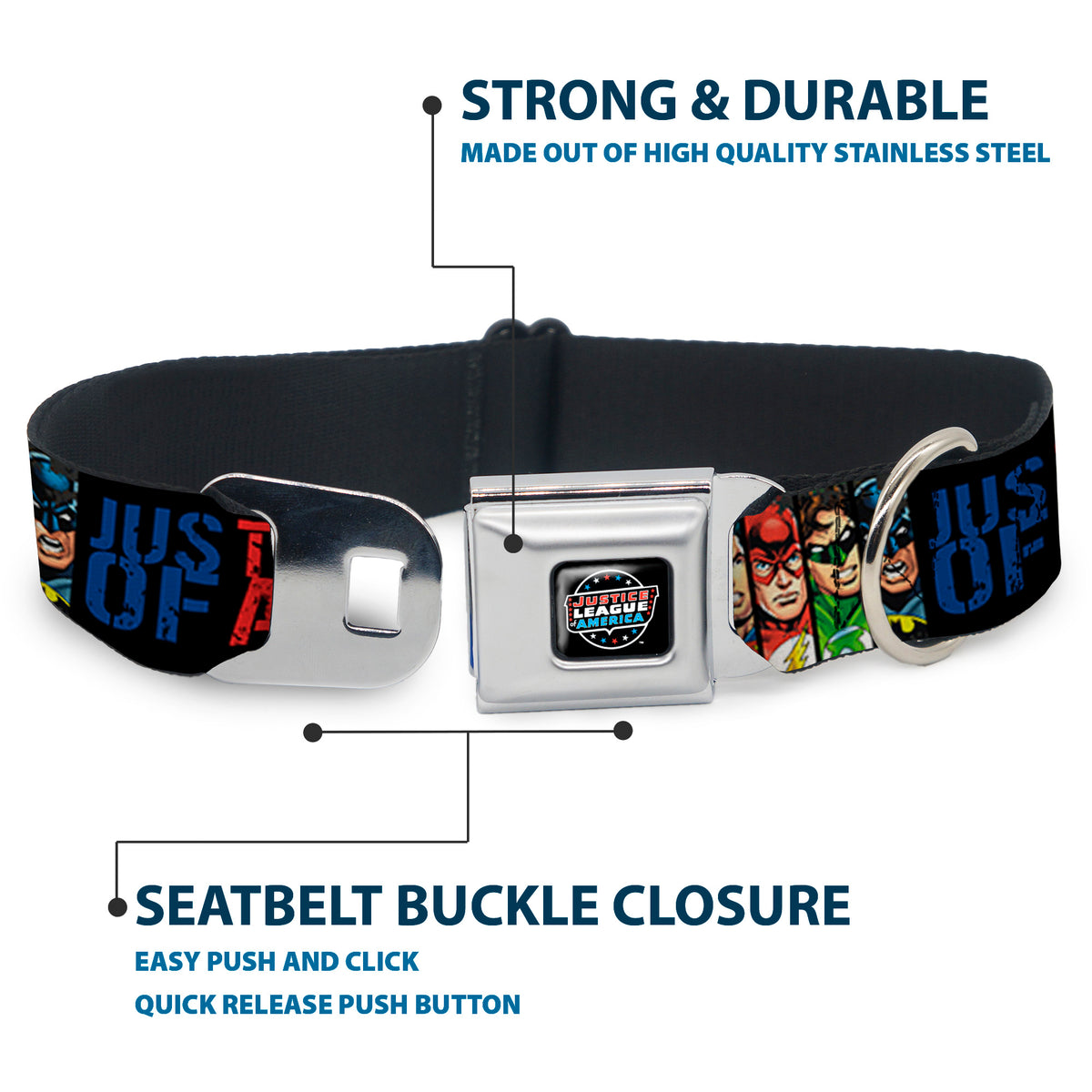 JUSTICE LEAGUE OF AMERICA Badge Black/White/Red/Blue Seatbelt Buckle Collar - JUSTICE LEAGUE OF AMERICA w/Superhero Blocks Black/Multi Color Dog Collars Seatbelt Buckle DC Comics