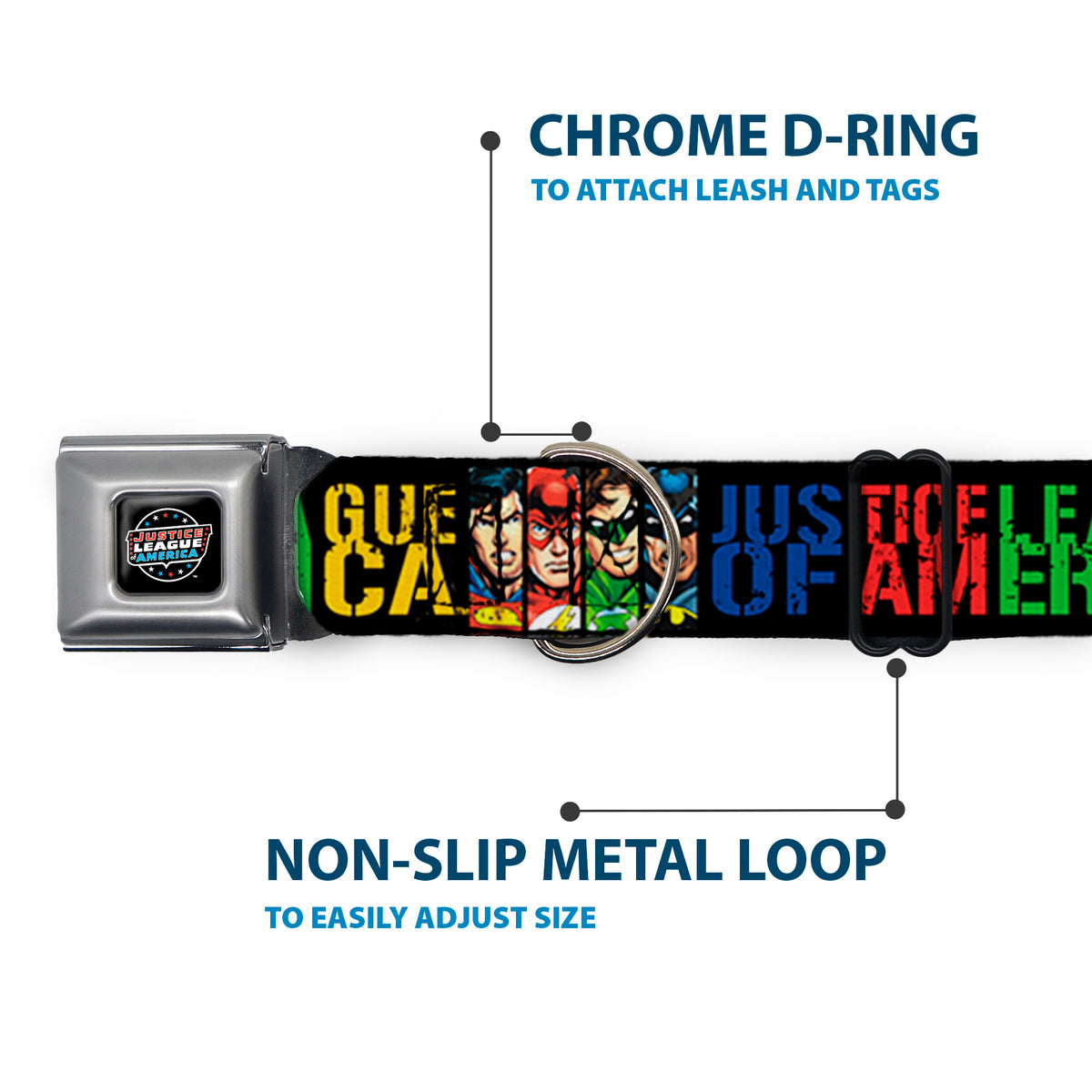 JUSTICE LEAGUE OF AMERICA Badge Black/White/Red/Blue Seatbelt Buckle Collar - JUSTICE LEAGUE OF AMERICA w/Superhero Blocks Black/Multi Color Dog Collars Seatbelt Buckle DC Comics