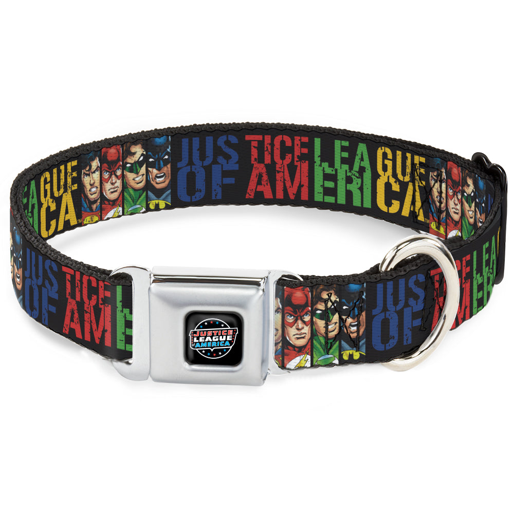 JUSTICE LEAGUE OF AMERICA Badge Black/White/Red/Blue Seatbelt Buckle Collar - JUSTICE LEAGUE OF AMERICA w/Superhero Blocks Black/Multi Color Dog Collars Seatbelt Buckle DC Comics
