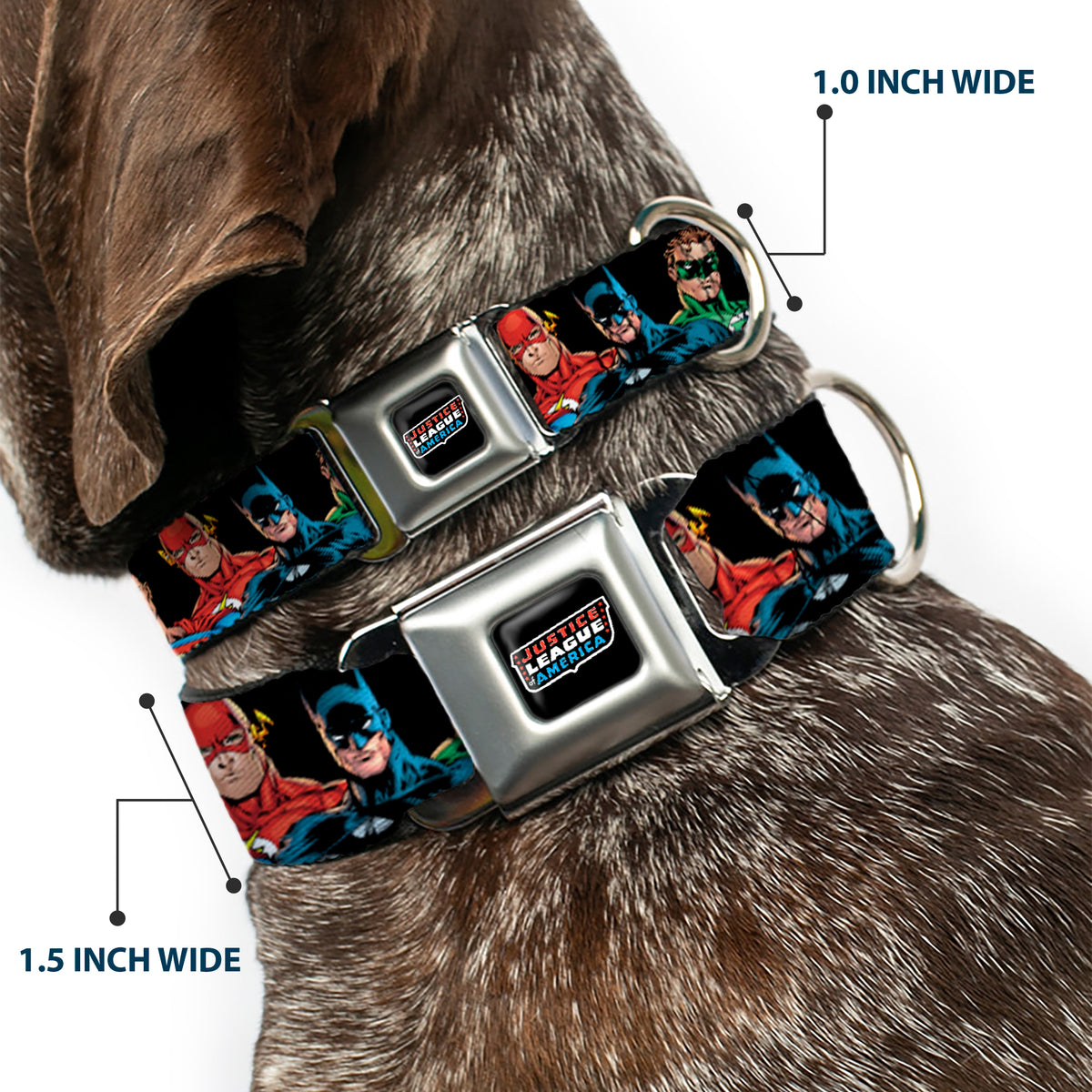 Justice League of America Black Full Color Seatbelt Buckle Collar - Justice League Elite Forces Superheroes Dog Collars Seatbelt Buckle DC Comics