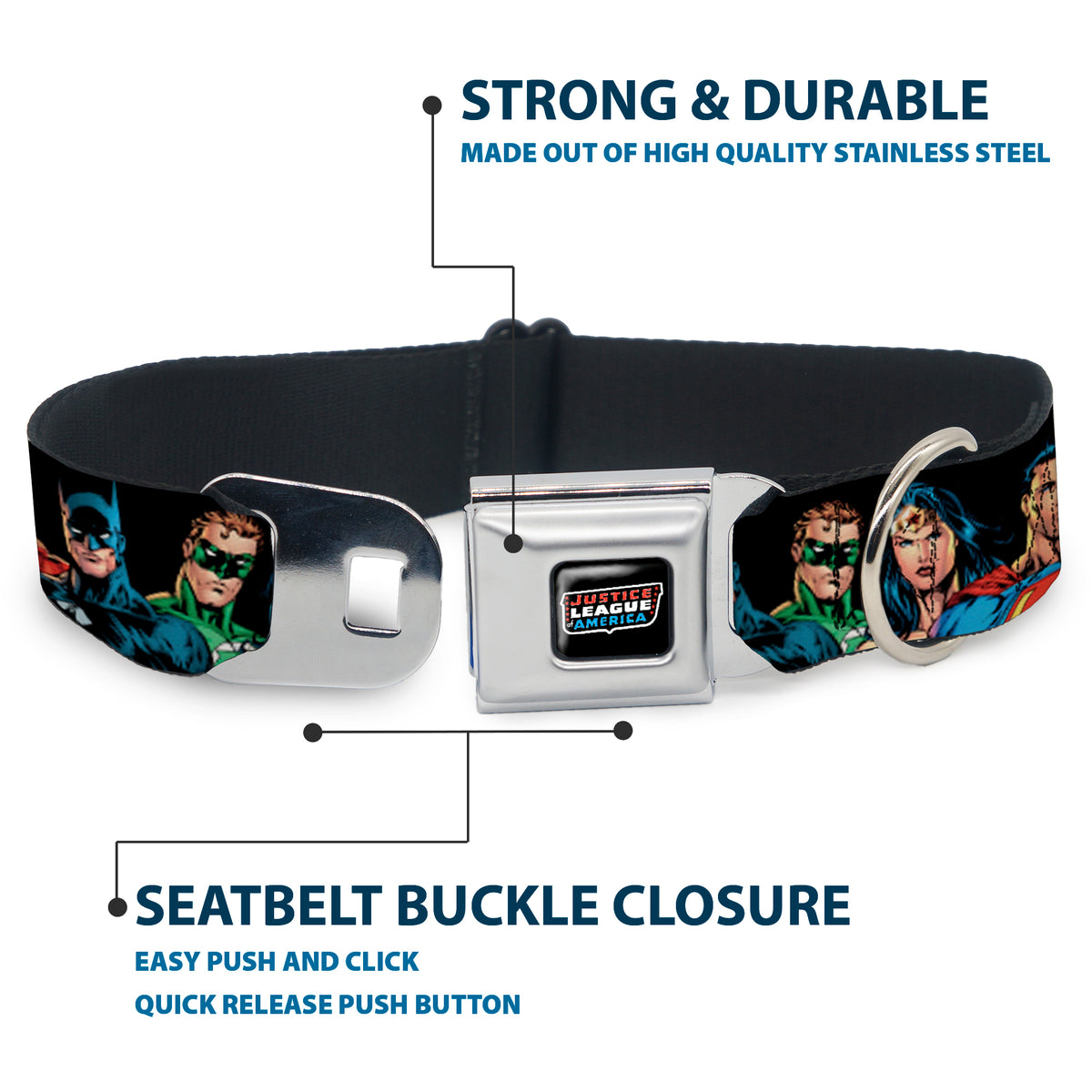 Justice League of America Black Full Color Seatbelt Buckle Collar - Justice League Elite Forces Superheroes Dog Collars Seatbelt Buckle DC Comics