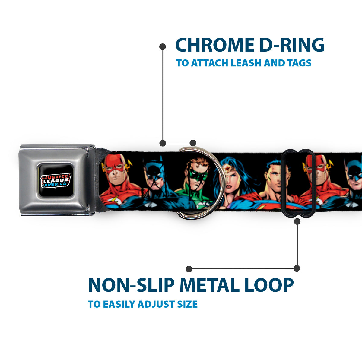 Justice League of America Black Full Color Seatbelt Buckle Collar - Justice League Elite Forces Superheroes Dog Collars Seatbelt Buckle DC Comics