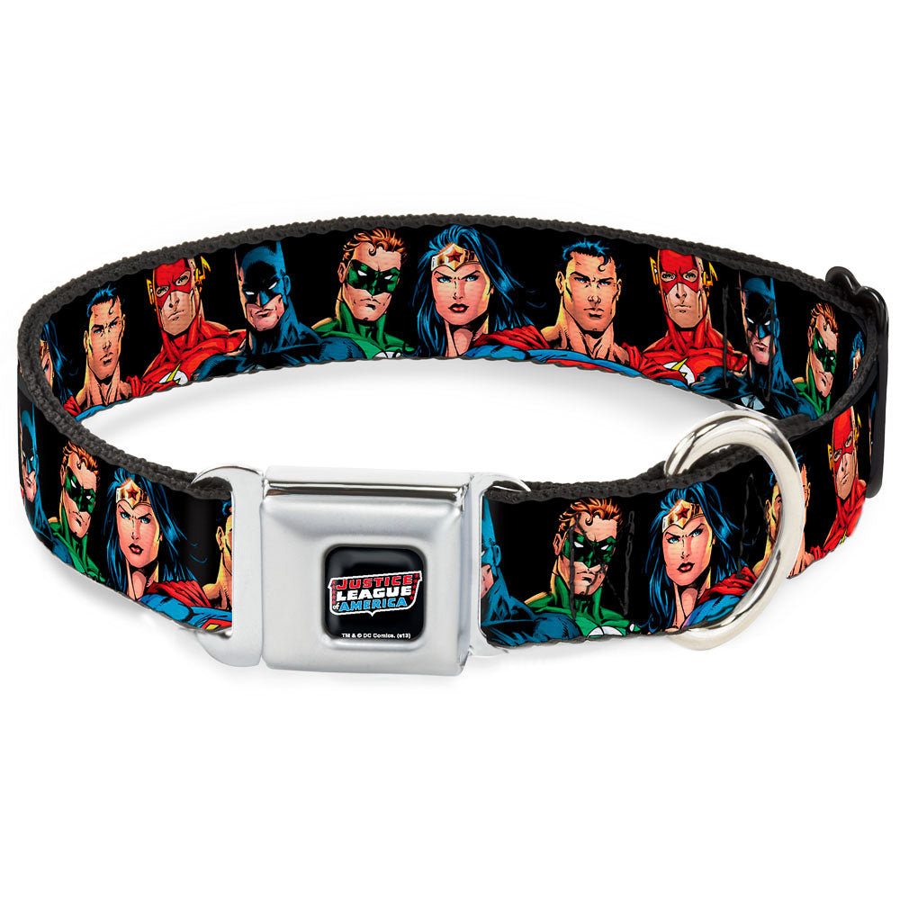 Justice League of America Black Full Color Seatbelt Buckle Collar - Justice League Elite Forces Superheroes Dog Collars Seatbelt Buckle DC Comics