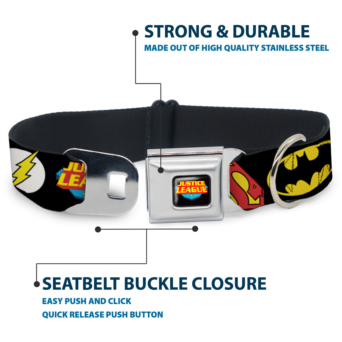 Justice League Shield Full Color Black Blue Red Yellow Seatbelt Buckle Collar - Justice League Superhero Logos CLOSE-UP Black Dog Collars Seatbelt Buckle DC Comics