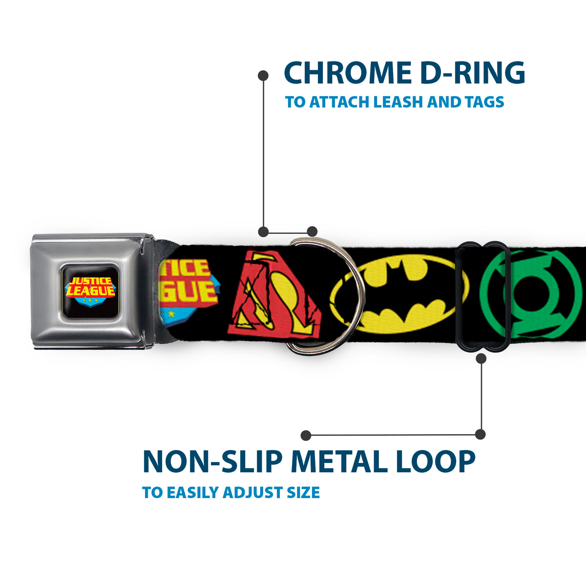 Justice League Shield Full Color Black Blue Red Yellow Seatbelt Buckle Collar - Justice League Superhero Logos CLOSE-UP Black Dog Collars Seatbelt Buckle DC Comics