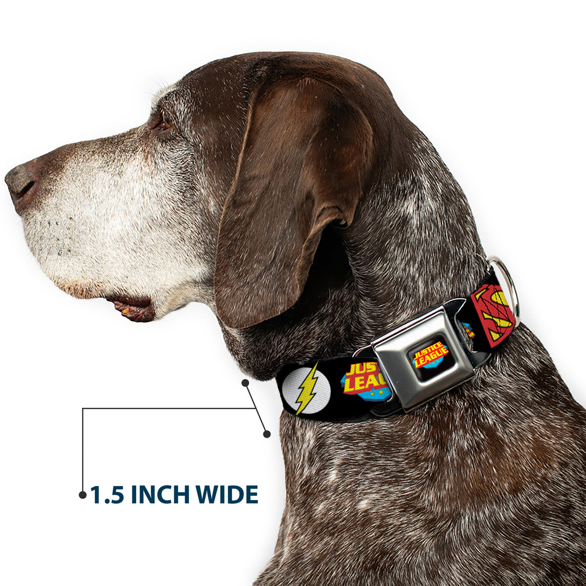 Justice League Shield Full Color Black Blue Red Yellow Seatbelt Buckle Collar - Justice League Superhero Logos CLOSE-UP Black Dog Collars Seatbelt Buckle DC Comics
