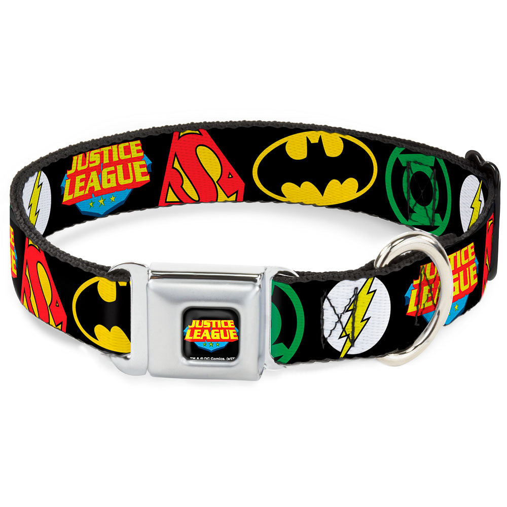 Justice League Shield Full Color Black Blue Red Yellow Seatbelt Buckle Collar - Justice League Superhero Logos CLOSE-UP Black Dog Collars Seatbelt Buckle DC Comics