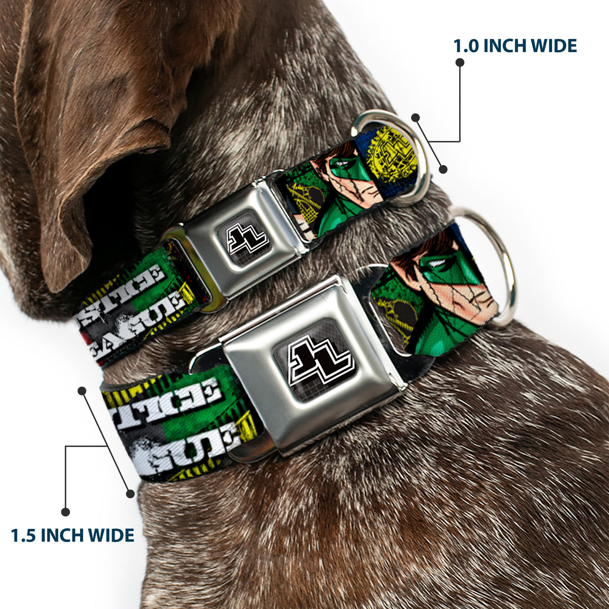 JL Logo Full Color Grays Black White Seatbelt Buckle Collar - JUSTICE LEAGUE Logo/4-Superhero Panels Pop Art Dog Collars Seatbelt Buckle DC Comics