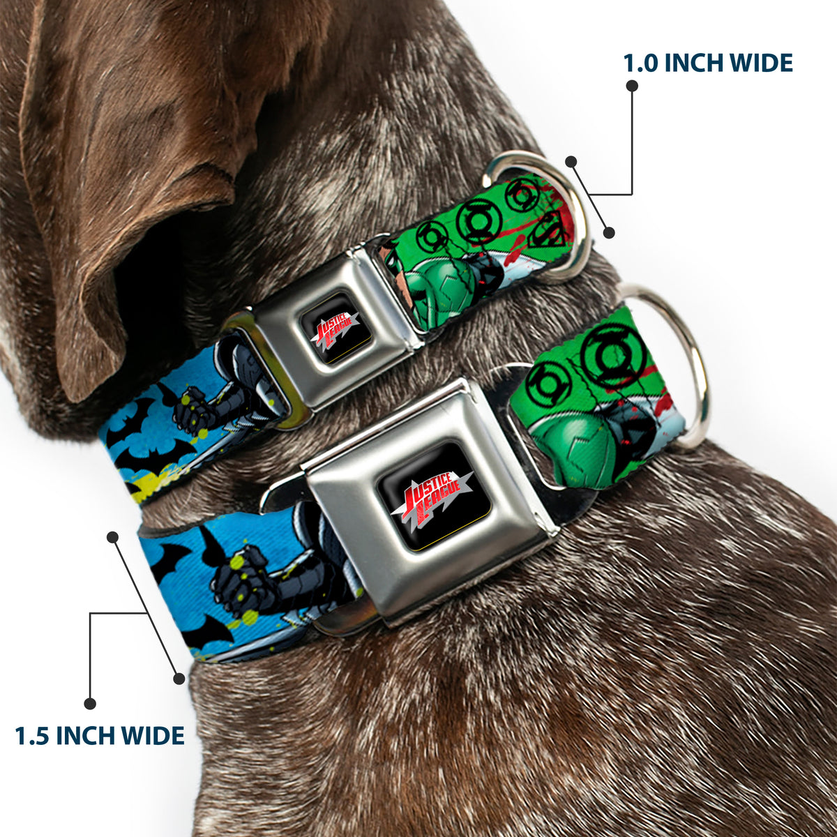 JUSTICE LEAGUE Star Logo Black/Silver-Fade/Red Seatbelt Buckle Collar - Justice League New 52 4-Superhero Poses/Scattered Logos Multi Color/Black Dog Collars Seatbelt Buckle DC Comics