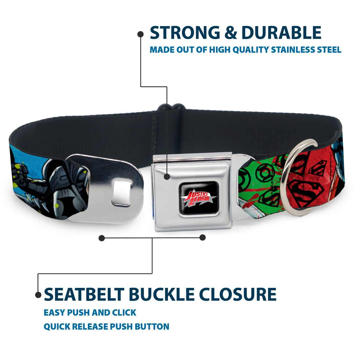 JUSTICE LEAGUE Star Logo Black/Silver-Fade/Red Seatbelt Buckle Collar - Justice League New 52 4-Superhero Poses/Scattered Logos Multi Color/Black Dog Collars Seatbelt Buckle DC Comics