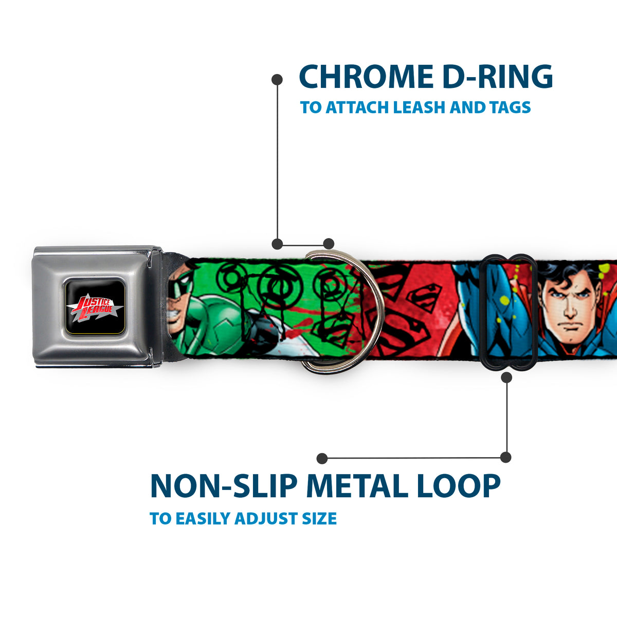 JUSTICE LEAGUE Star Logo Black/Silver-Fade/Red Seatbelt Buckle Collar - Justice League New 52 4-Superhero Poses/Scattered Logos Multi Color/Black Dog Collars Seatbelt Buckle DC Comics