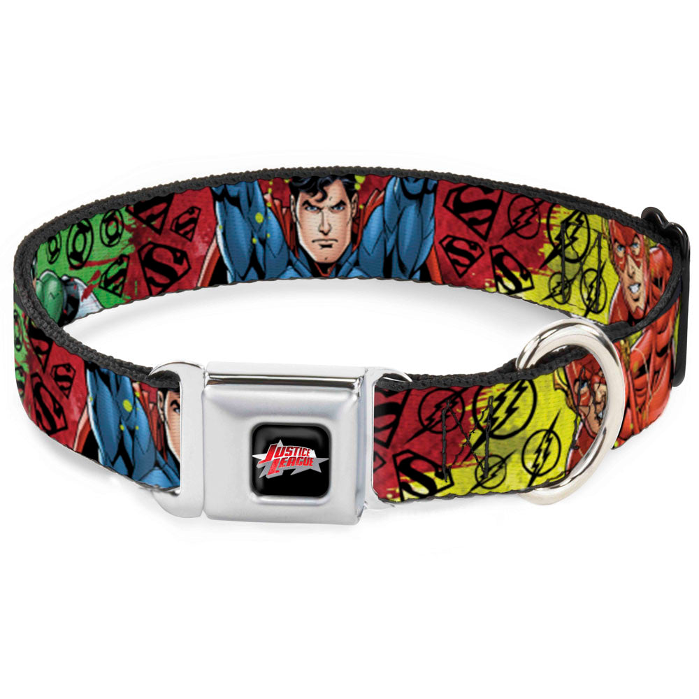 JUSTICE LEAGUE Star Logo Black/Silver-Fade/Red Seatbelt Buckle Collar - Justice League New 52 4-Superhero Poses/Scattered Logos Multi Color/Black Dog Collars Seatbelt Buckle DC Comics