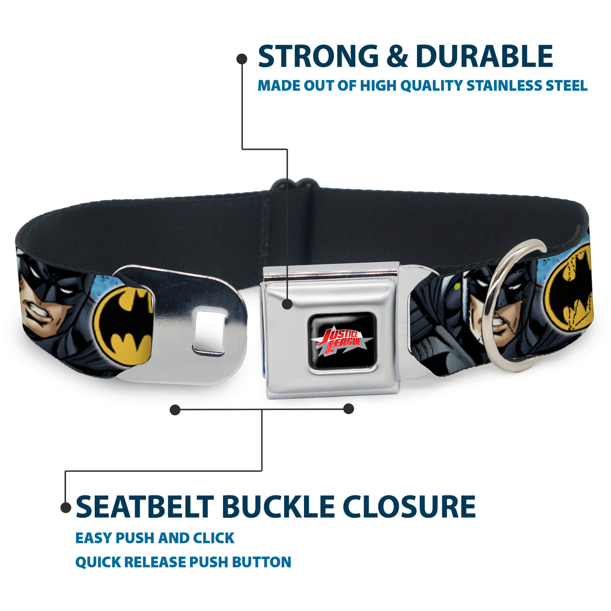 JUSTICE LEAGUE Star Logo Black/Silver-Fade/Red Seatbelt Buckle Collar - Justice League 4-Superhero CLOSE-UP Poses/Logos Dog Collars Seatbelt Buckle DC Comics