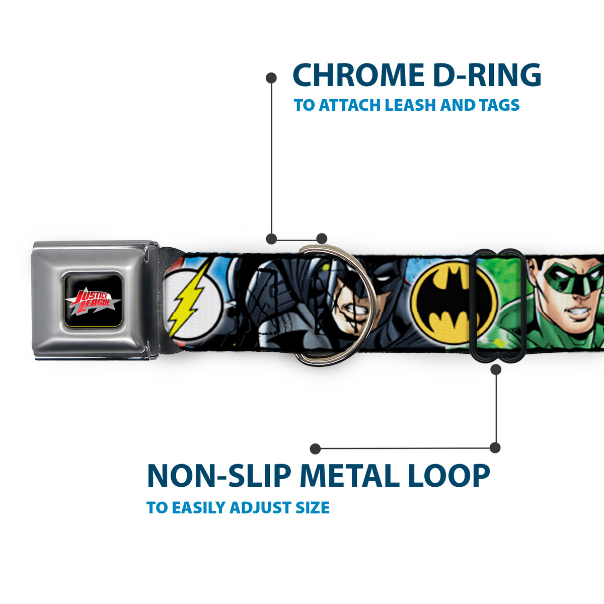 JUSTICE LEAGUE Star Logo Black/Silver-Fade/Red Seatbelt Buckle Collar - Justice League 4-Superhero CLOSE-UP Poses/Logos Dog Collars Seatbelt Buckle DC Comics