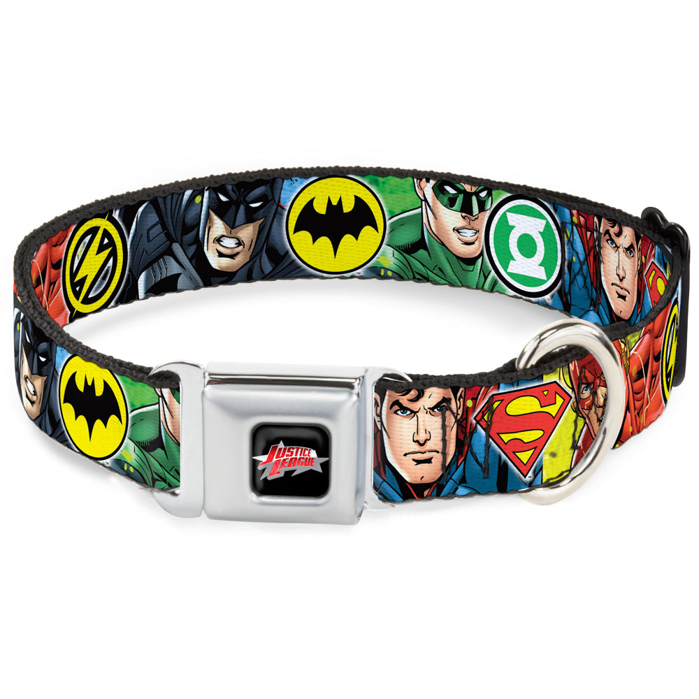 JUSTICE LEAGUE Star Logo Black/Silver-Fade/Red Seatbelt Buckle Collar - Justice League 4-Superhero CLOSE-UP Poses/Logos Dog Collars Seatbelt Buckle DC Comics