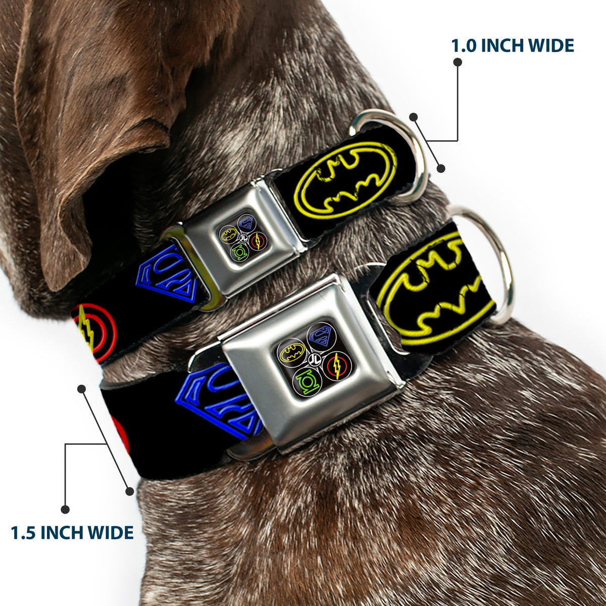 JL Electric Logos Full Color Black/Multi Neon Seatbelt Buckle Collar - Justice League Electric Logos Black/Multi Neon Dog Collars Seatbelt Buckle DC Comics