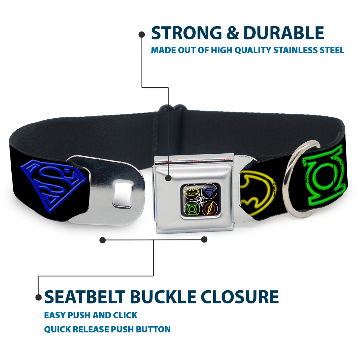 JL Electric Logos Full Color Black/Multi Neon Seatbelt Buckle Collar - Justice League Electric Logos Black/Multi Neon Dog Collars Seatbelt Buckle DC Comics