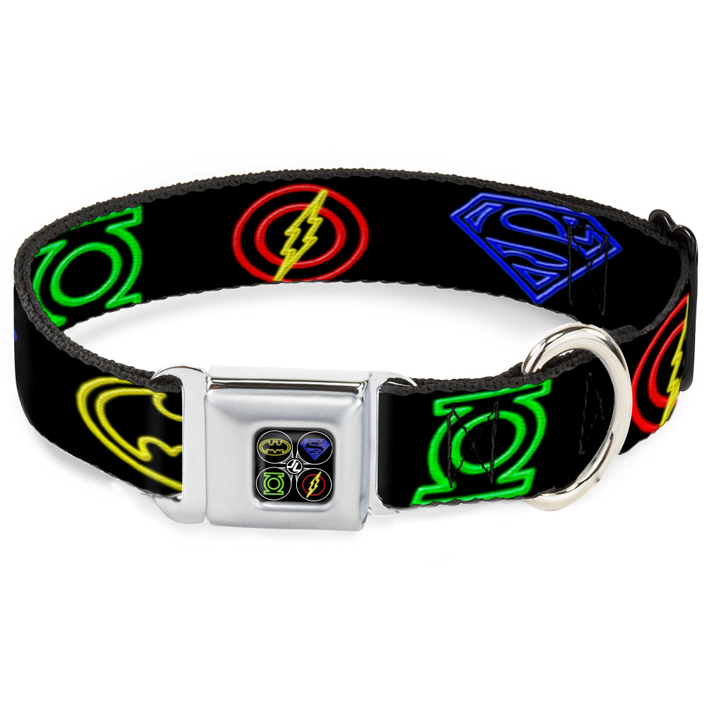 JL Electric Logos Full Color Black/Multi Neon Seatbelt Buckle Collar - Justice League Electric Logos Black/Multi Neon Dog Collars Seatbelt Buckle DC Comics