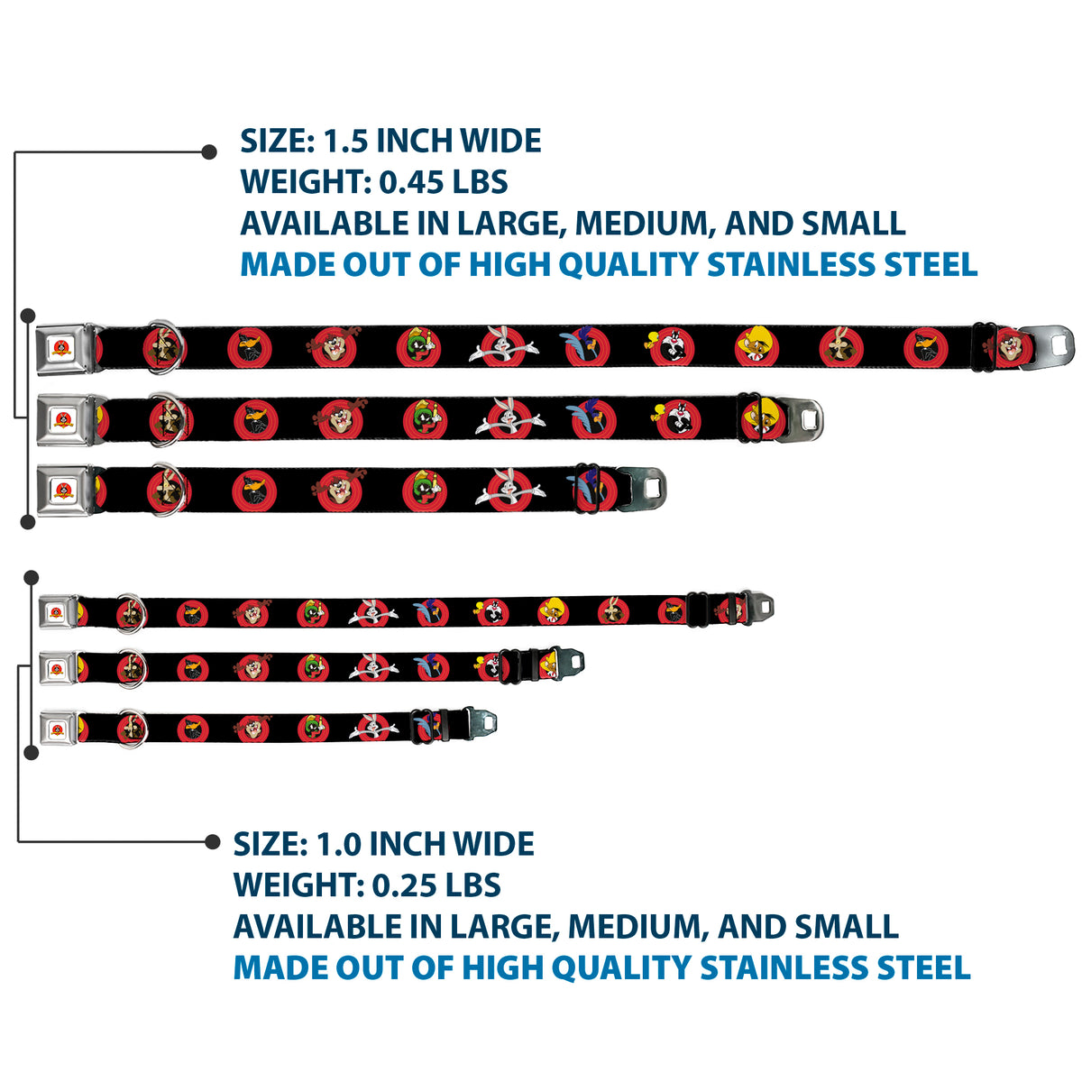 Looney Tunes Logo Full Color White Seatbelt Buckle Collar - Looney Tunes Characters Bullseye Pose Black Dog Collars Seatbelt Buckle Looney Tunes