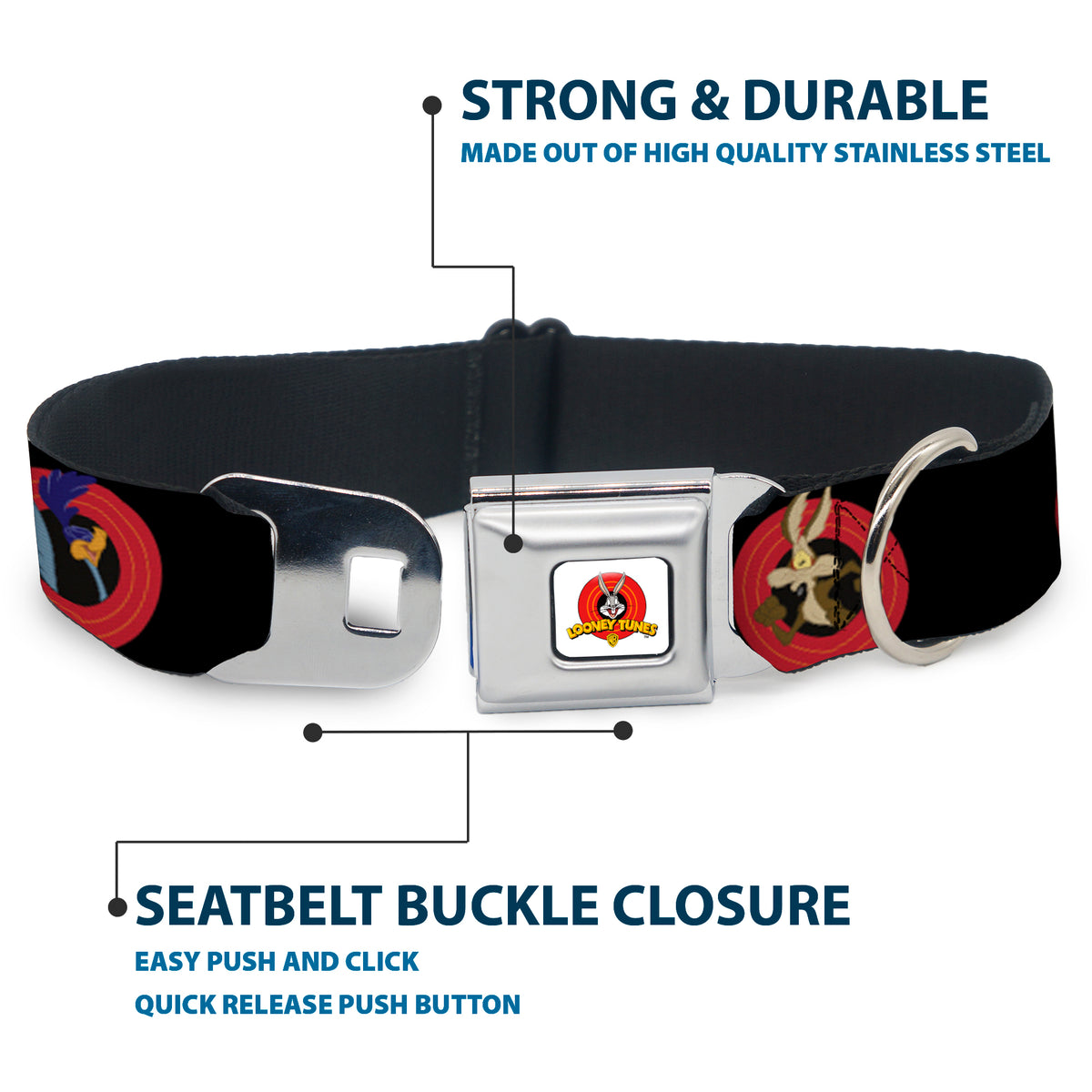Looney Tunes Logo Full Color White Seatbelt Buckle Collar - Looney Tunes Characters Bullseye Pose Black Dog Collars Seatbelt Buckle Looney Tunes