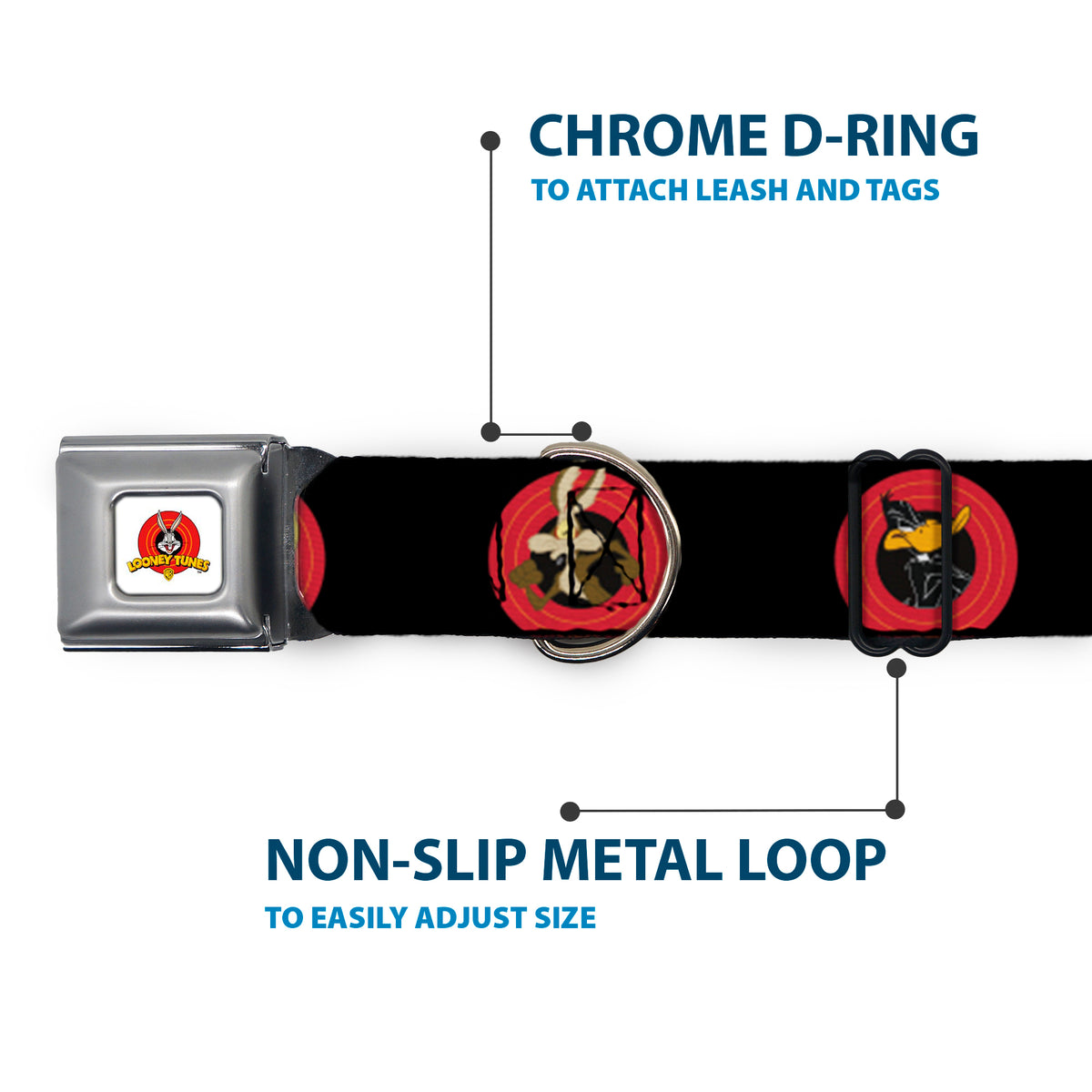 Looney Tunes Logo Full Color White Seatbelt Buckle Collar - Looney Tunes Characters Bullseye Pose Black Dog Collars Seatbelt Buckle Looney Tunes
