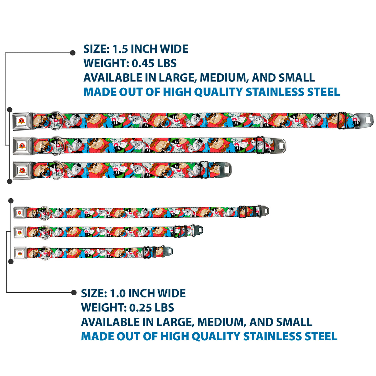 Looney Tunes Logo White Seatbelt Buckle Collar - Looney Tunes 3-B-Boy Stance Character Poses Stacked Dog Collars Seatbelt Buckle Looney Tunes