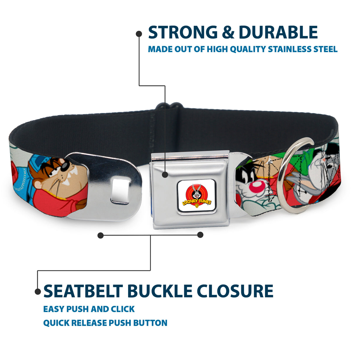 Looney Tunes Logo White Seatbelt Buckle Collar - Looney Tunes 3-B-Boy Stance Character Poses Stacked Dog Collars Seatbelt Buckle Looney Tunes