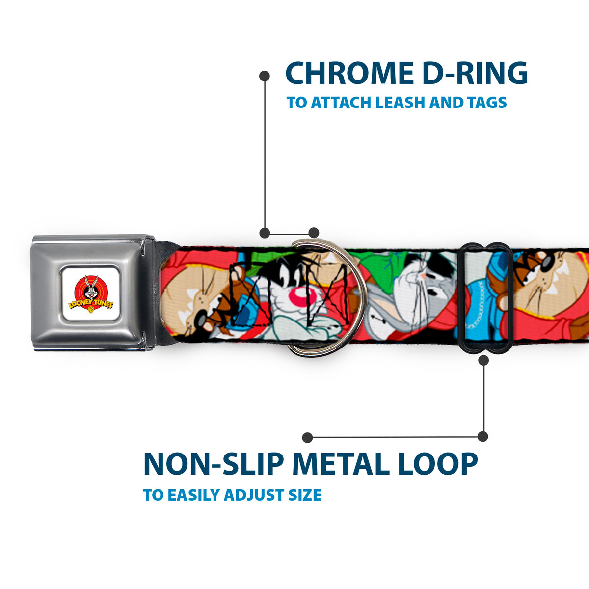 Looney Tunes Logo White Seatbelt Buckle Collar - Looney Tunes 3-B-Boy Stance Character Poses Stacked Dog Collars Seatbelt Buckle Looney Tunes