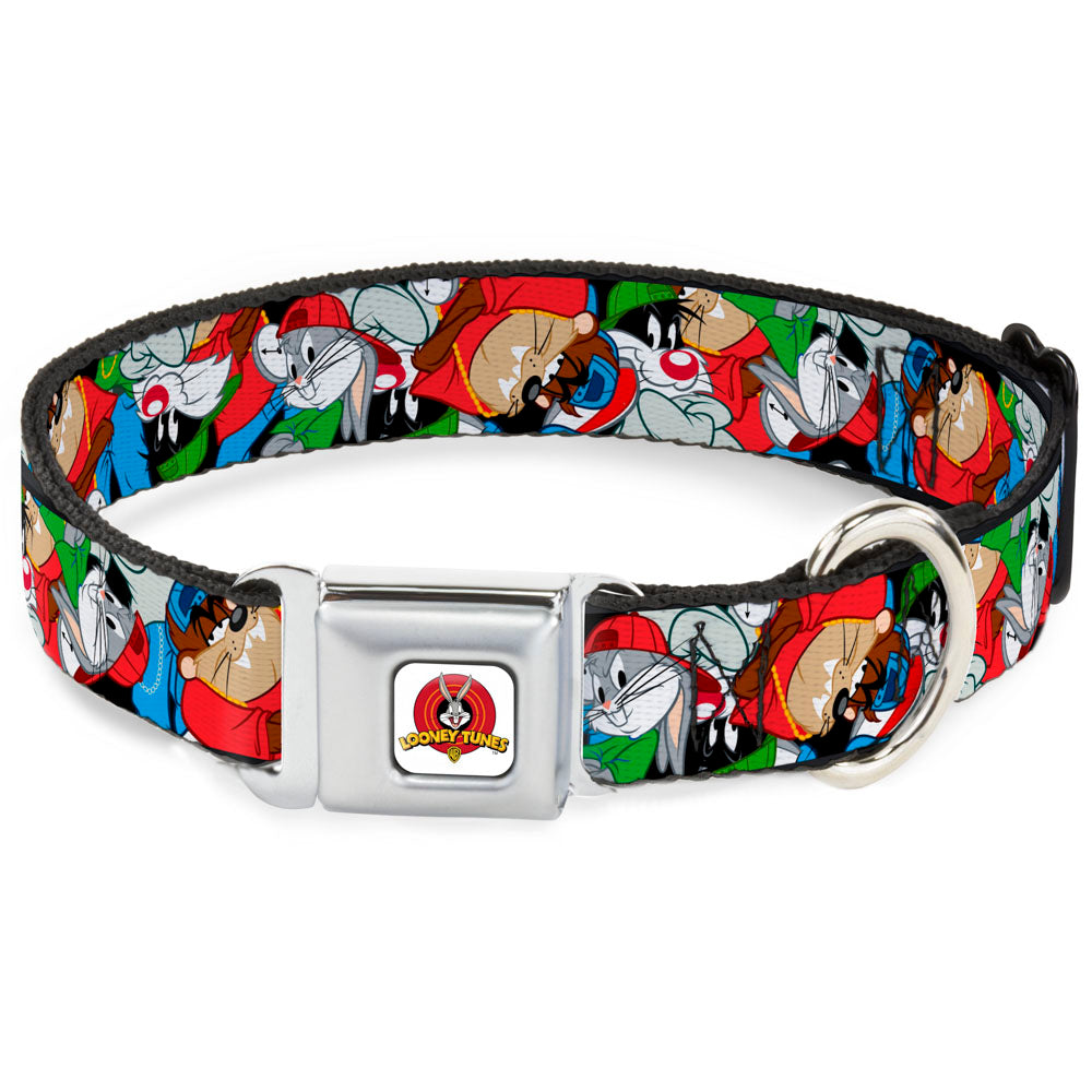 Looney Tunes Logo White Seatbelt Buckle Collar - Looney Tunes 3-B-Boy Stance Character Poses Stacked Dog Collars Seatbelt Buckle Looney Tunes