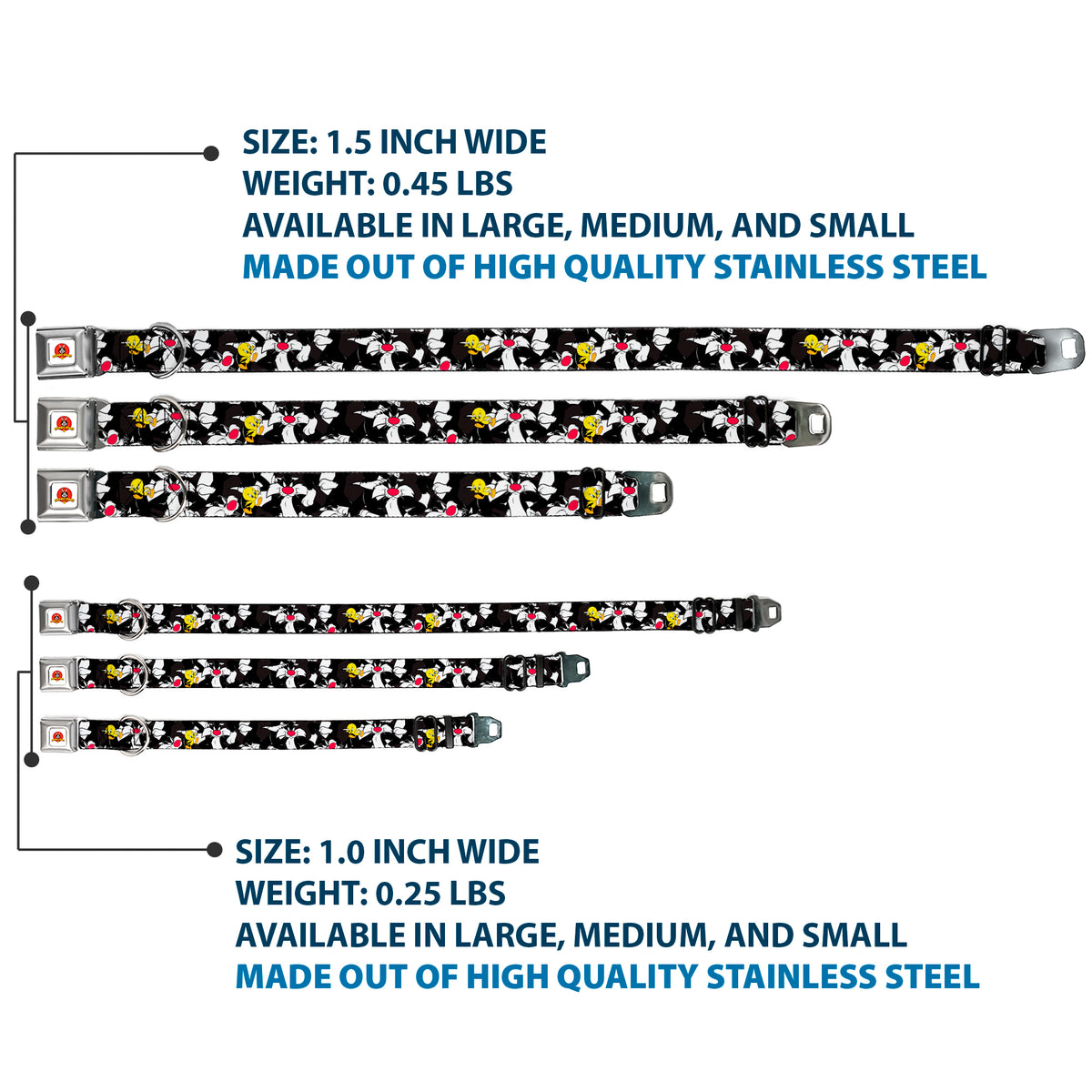 Looney Tunes Logo White Seatbelt Buckle Collar - Sylvester and Tweety Poses Scattered Charcoal Dog Collars Seatbelt Buckle Looney Tunes