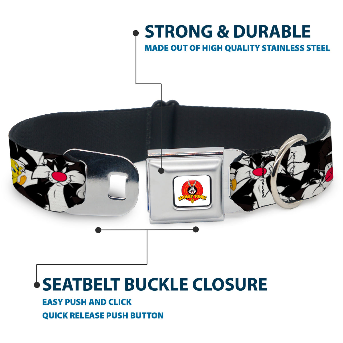 Looney Tunes Logo White Seatbelt Buckle Collar - Sylvester and Tweety Poses Scattered Charcoal Dog Collars Seatbelt Buckle Looney Tunes