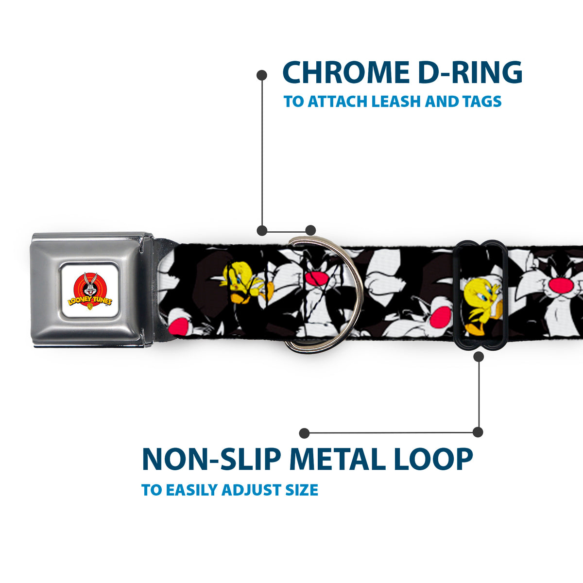 Looney Tunes Logo White Seatbelt Buckle Collar - Sylvester and Tweety Poses Scattered Charcoal Dog Collars Seatbelt Buckle Looney Tunes