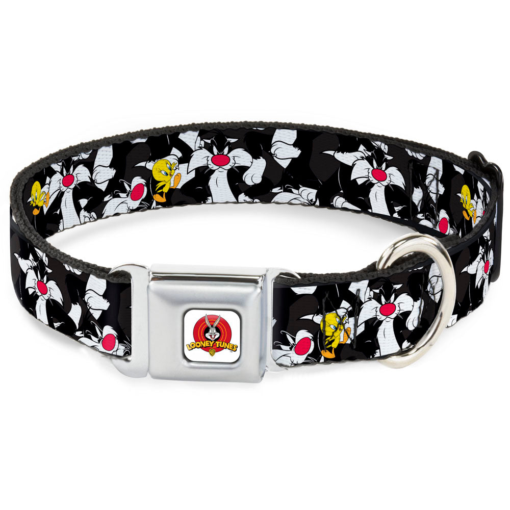 Looney Tunes Logo White Seatbelt Buckle Collar - Sylvester and Tweety Poses Scattered Charcoal Dog Collars Seatbelt Buckle Looney Tunes