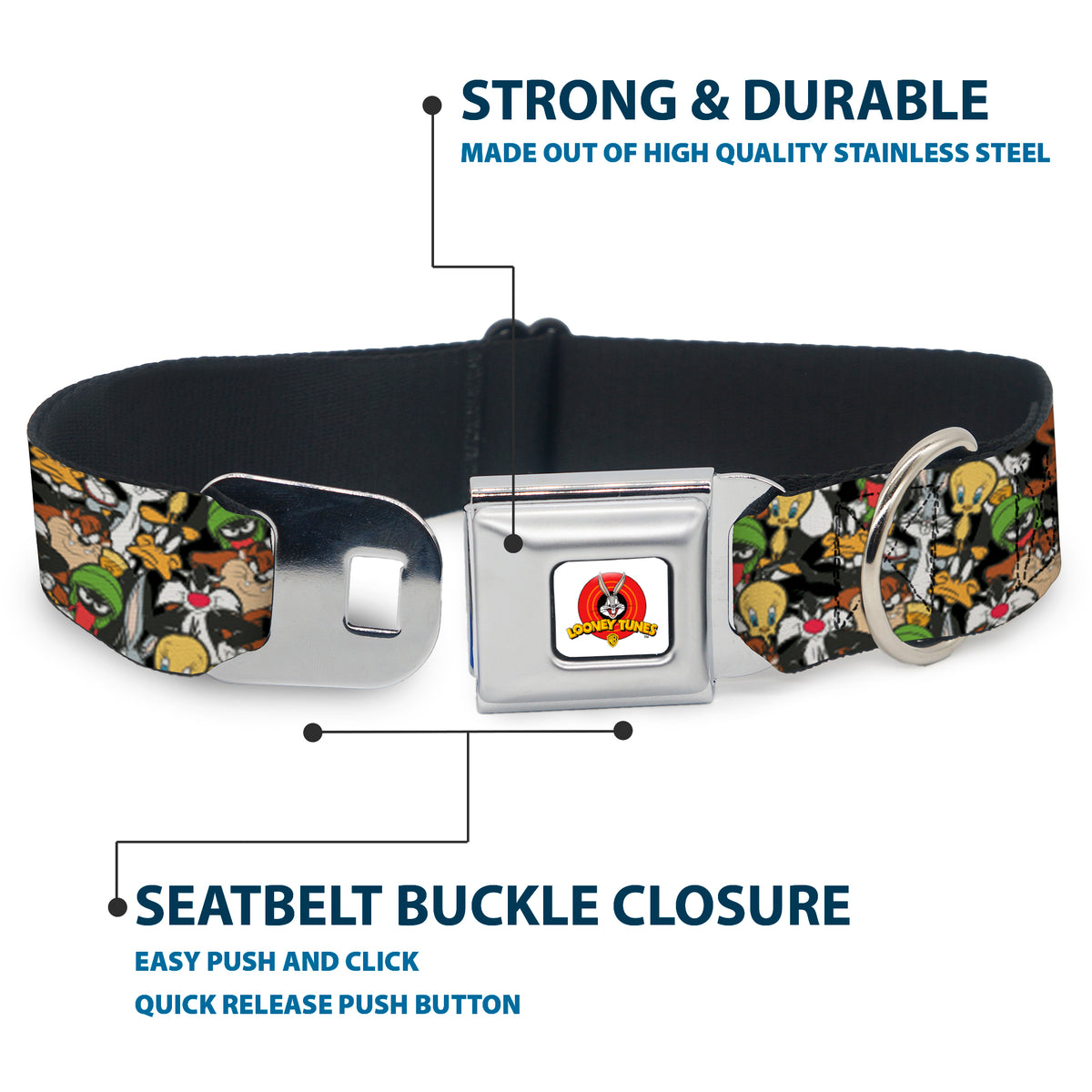 Looney Tunes Logo White Seatbelt Buckle Collar - Looney Tunes 6-Character Stacked Collage4 Dog Collars Seatbelt Buckle Looney Tunes