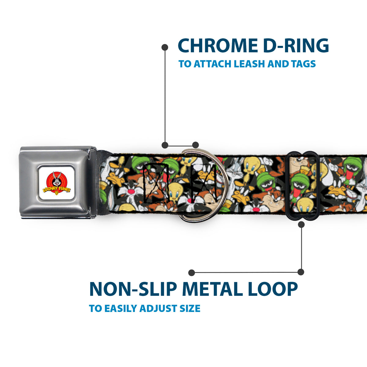 Looney Tunes Logo White Seatbelt Buckle Collar - Looney Tunes 6-Character Stacked Collage4 Dog Collars Seatbelt Buckle Looney Tunes