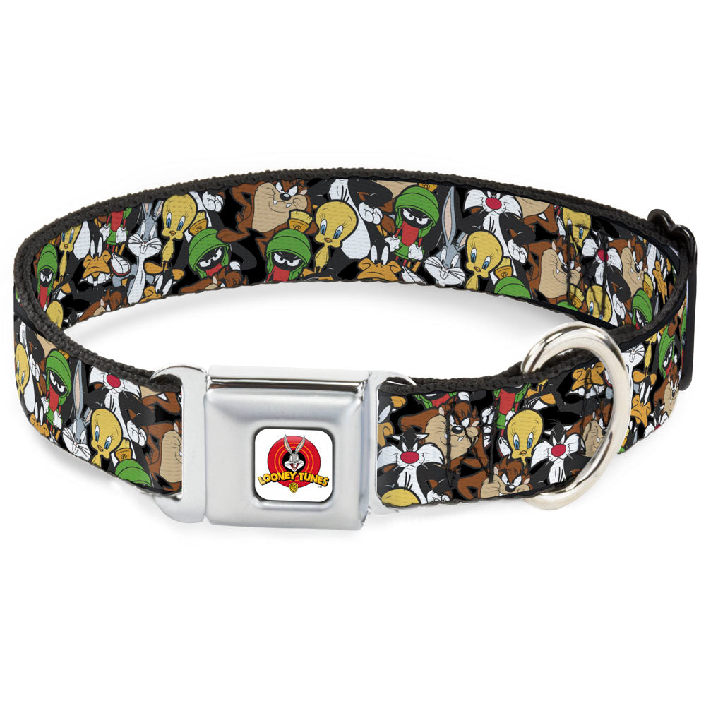 Looney Tunes Logo White Seatbelt Buckle Collar - Looney Tunes 6-Character Stacked Collage4 Dog Collars Seatbelt Buckle Looney Tunes