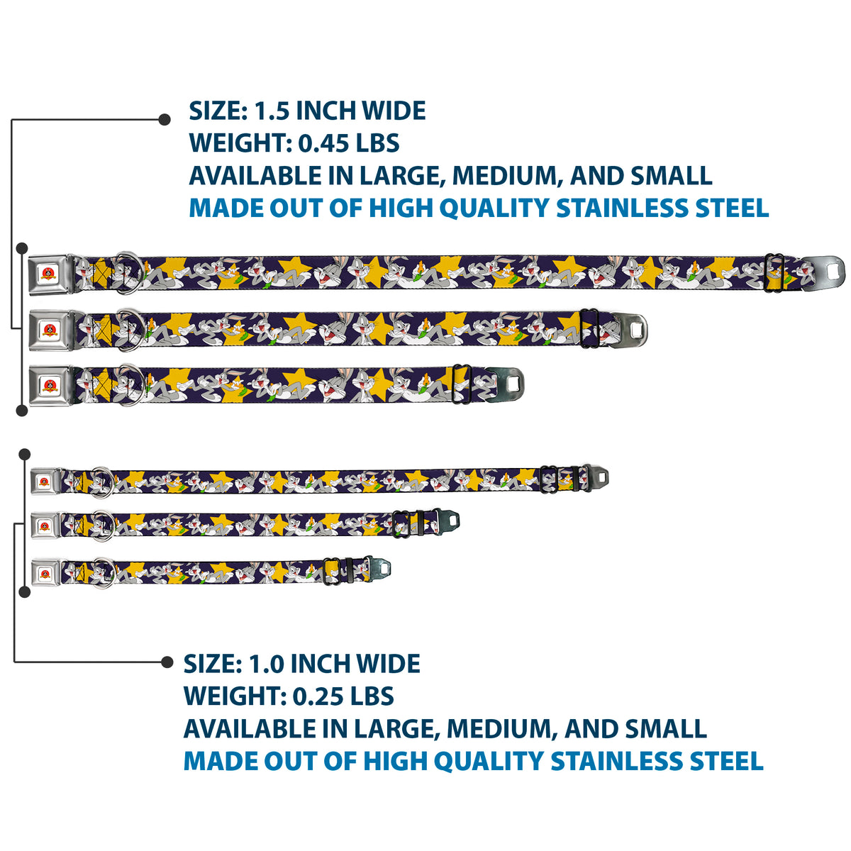Looney Tunes Logo Full Color White Seatbelt Buckle Collar - Bugs Bunny Poses/Stars Navy Dog Collars Seatbelt Buckle Looney Tunes