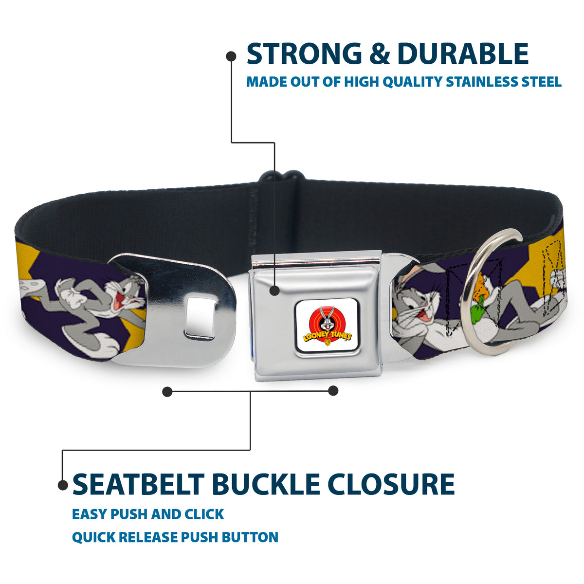Looney Tunes Logo Full Color White Seatbelt Buckle Collar - Bugs Bunny Poses/Stars Navy Dog Collars Seatbelt Buckle Looney Tunes