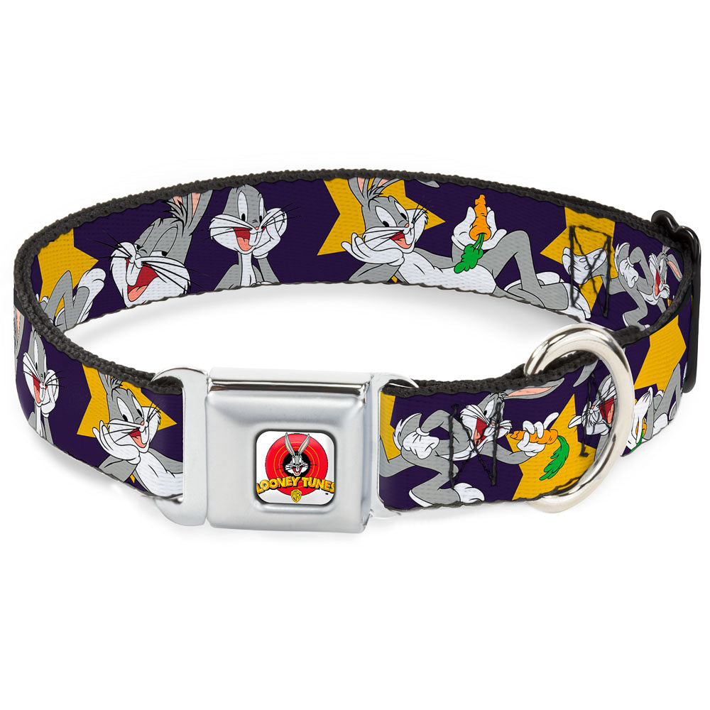 Looney Tunes Logo Full Color White Seatbelt Buckle Collar - Bugs Bunny Poses/Stars Navy Dog Collars Seatbelt Buckle Looney Tunes