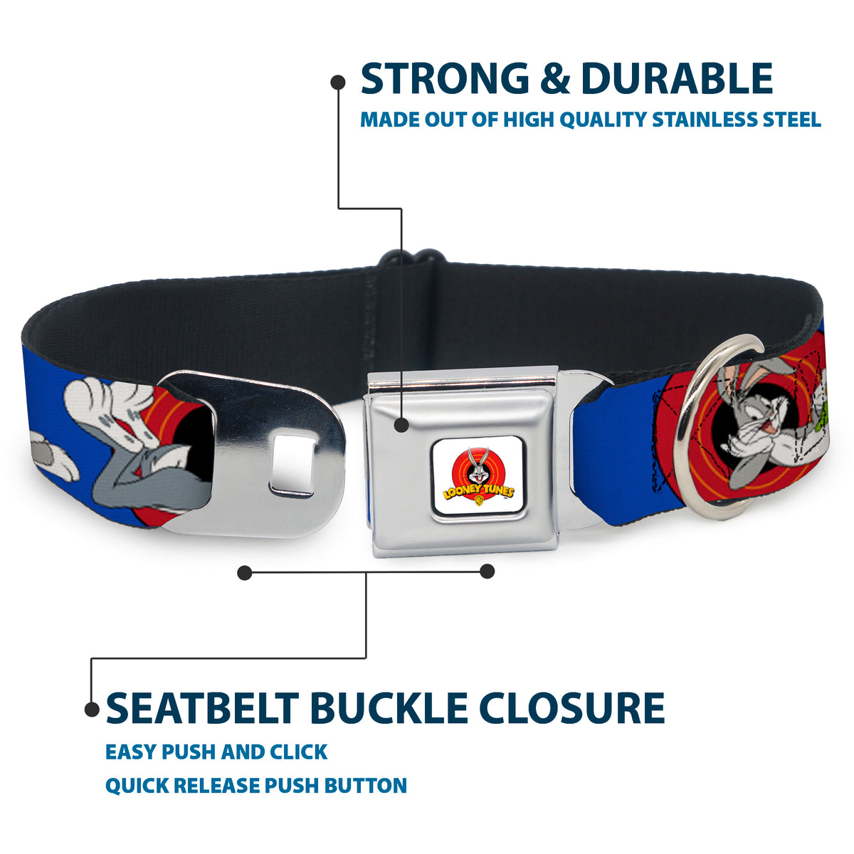 Looney Tunes Logo Full Color White Seatbelt Buckle Collar - BUGS BUNNY w/Bugs Poses Blue Dog Collars Seatbelt Buckle Looney Tunes