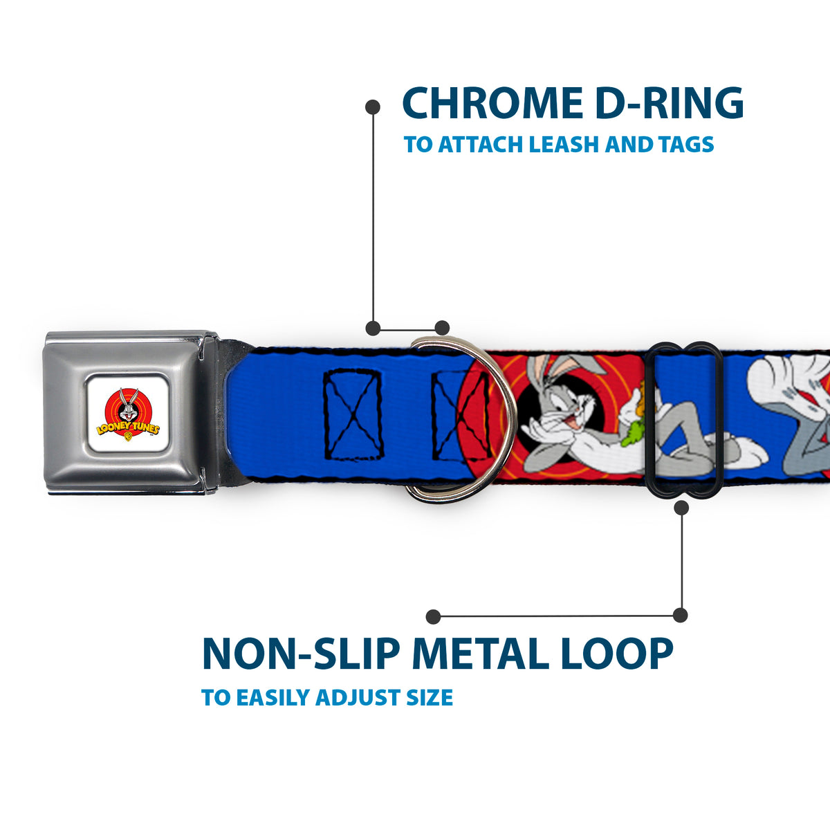 Looney Tunes Logo Full Color White Seatbelt Buckle Collar - BUGS BUNNY w/Bugs Poses Blue Dog Collars Seatbelt Buckle Looney Tunes