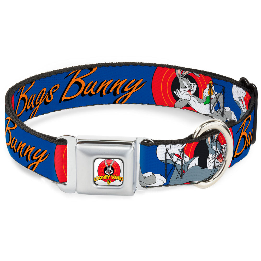 Looney Tunes Logo Full Color White Seatbelt Buckle Collar - BUGS BUNNY w/Bugs Poses Blue Dog Collars Seatbelt Buckle Looney Tunes