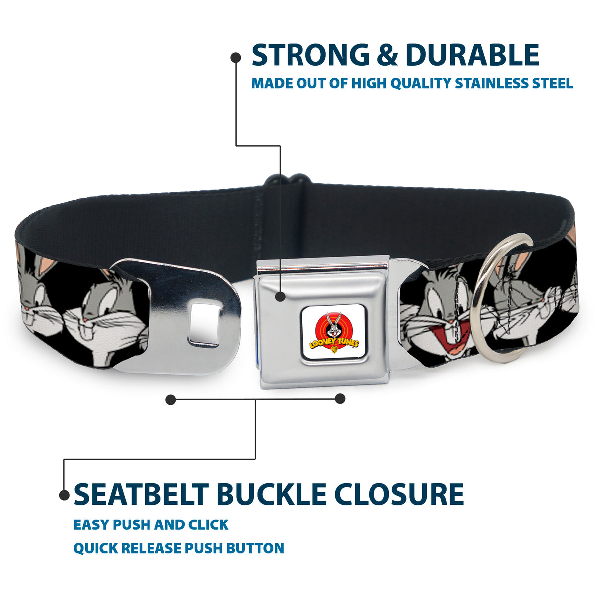 Looney Tunes Logo Full Color White Seatbelt Buckle Collar - Bugs Bunny CLOSE-UP Expressions Black Dog Collars Seatbelt Buckle Looney Tunes