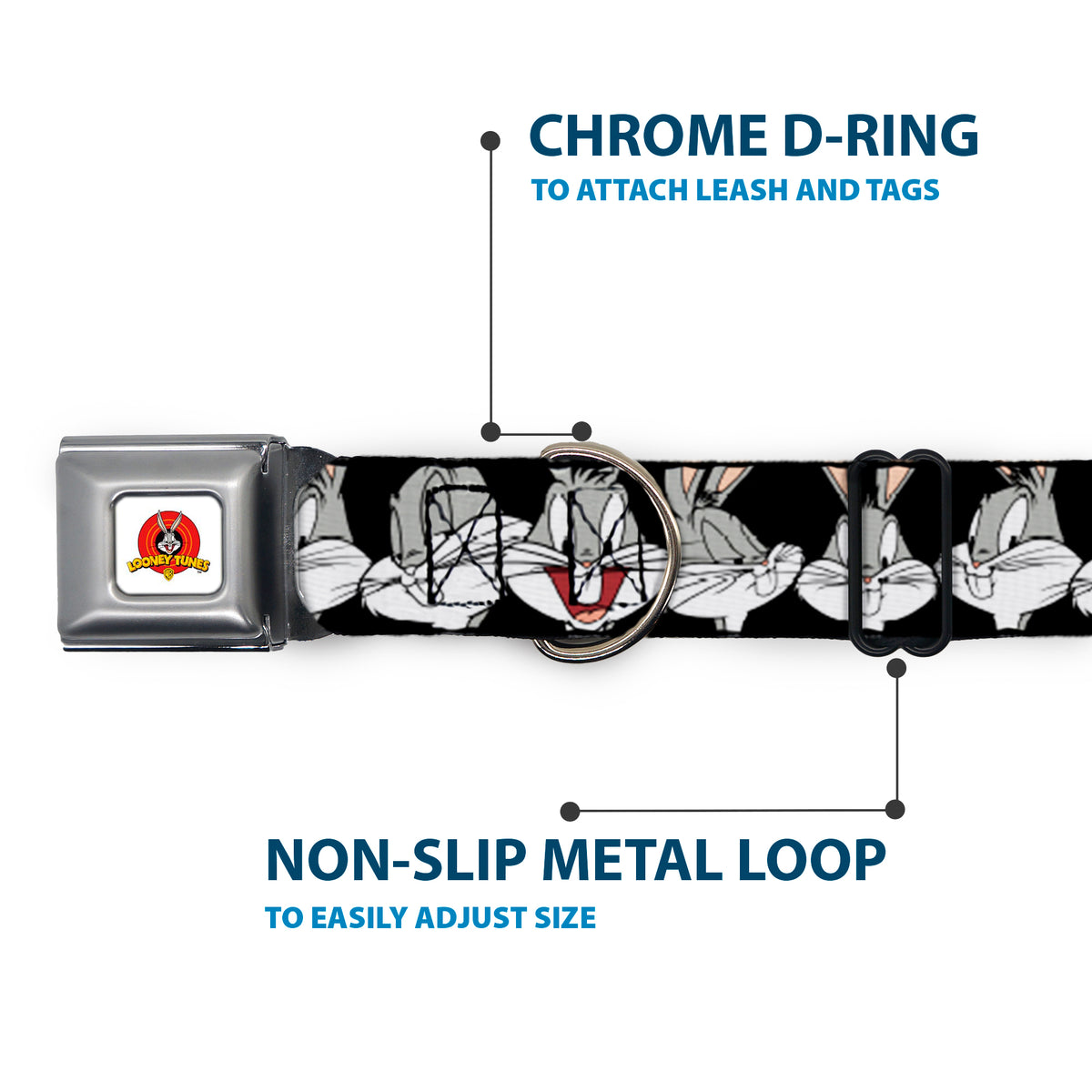 Looney Tunes Logo Full Color White Seatbelt Buckle Collar - Bugs Bunny CLOSE-UP Expressions Black Dog Collars Seatbelt Buckle Looney Tunes