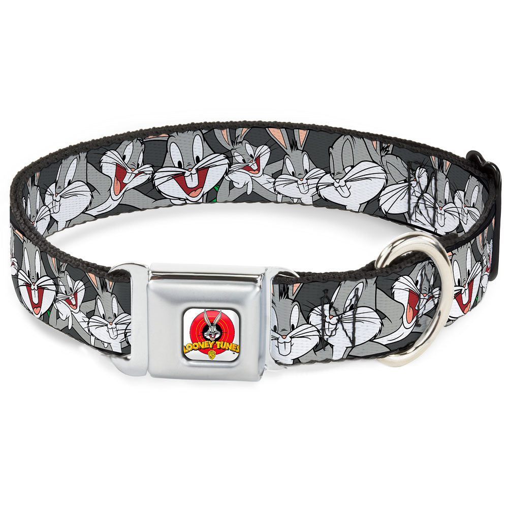 Looney Tunes Logo Full Color White Seatbelt Buckle Collar - Bugs Bunny CLOSE-UP Expressions Black Dog Collars Seatbelt Buckle Looney Tunes