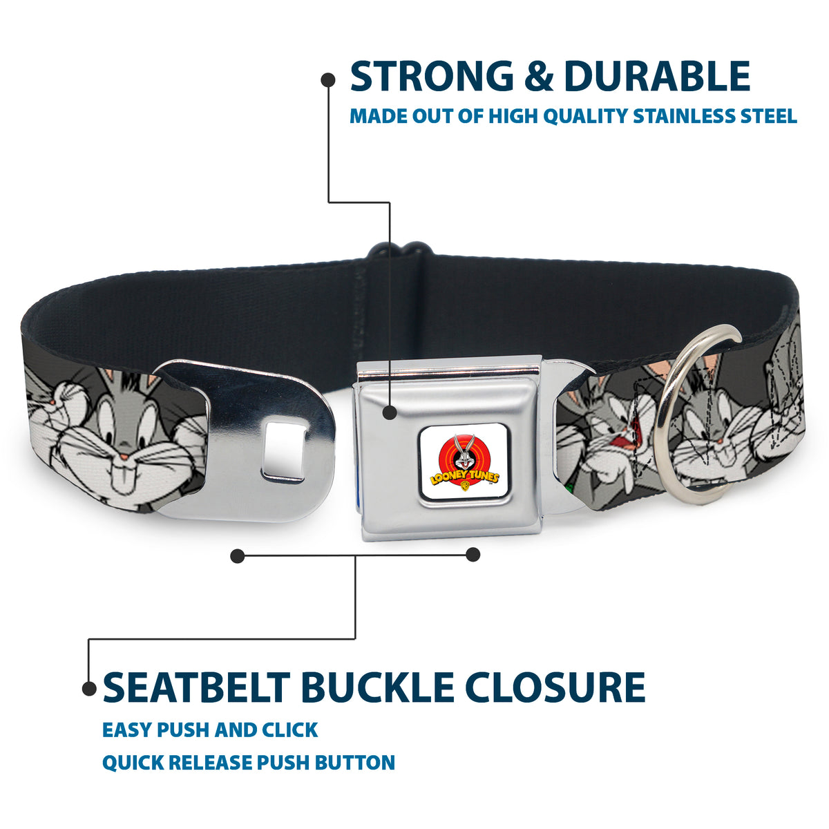 Looney Tunes Logo Full Color White Seatbelt Buckle Collar - Bugs Bunny CLOSE-UP Poses Charcoal Dog Collars Seatbelt Buckle Looney Tunes